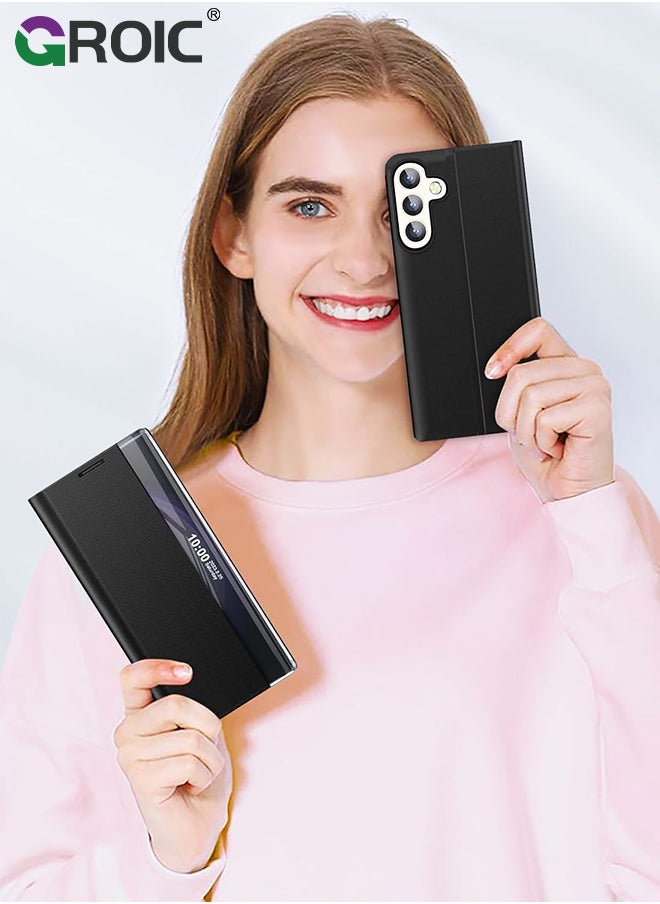 For Samsung Galaxy S24 Plus Case, View Clear Smart Window Leather Phone Shell, Slim Mirror Hard PC Kickstand Luxury Flip Shockproof Galaxy S24 Plus Cover 6.6''