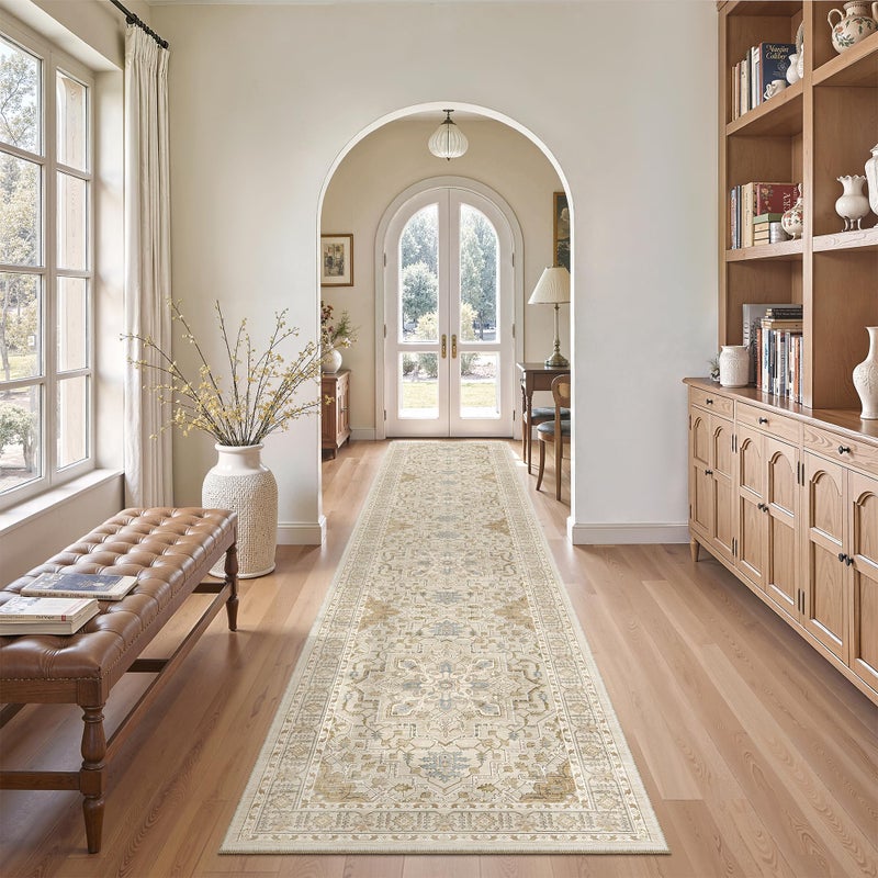Madane Runner Rugs for Hallway 2x10 Long Washable Non-Slip Hallway Runner Rug Low-Pile Stair Kitchen Runner Soft Throw Carpet for Entrance Living Dining Laundry Room (Beige/Blue, 2 x 10) - Image 3