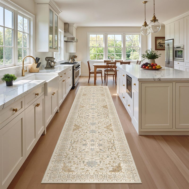 Madane Runner Rugs for Hallway 2x10 Long Washable Non-Slip Hallway Runner Rug Low-Pile Stair Kitchen Runner Soft Throw Carpet for Entrance Living Dining Laundry Room (Beige/Blue, 2 x 10) - Image 2