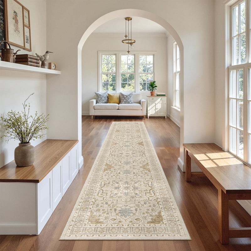 Madane Runner Rugs for Hallway 2x10 Long Washable Non-Slip Hallway Runner Rug Low-Pile Stair Kitchen Runner Soft Throw Carpet for Entrance Living Dining Laundry Room (Beige/Blue, 2 x 10) - Image 1