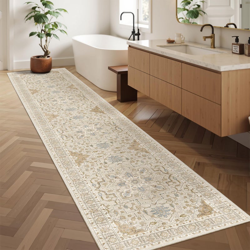 Madane Runner Rugs for Hallway 2x10 Long Washable Non-Slip Hallway Runner Rug Low-Pile Stair Kitchen Runner Soft Throw Carpet for Entrance Living Dining Laundry Room (Beige/Blue, 2 x 10) - Image 4