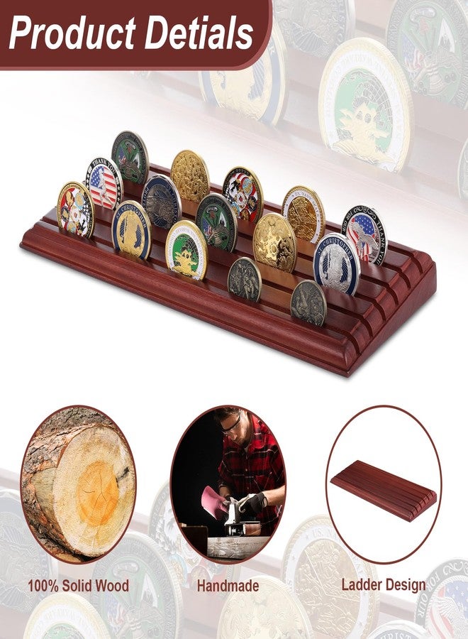 Harloon 6 Row Challenge Coin Display Stand Challenge Coin Stand Case Holds 42 Coins Solid Wood Holder Rack for Desk(Brown) - Image 3