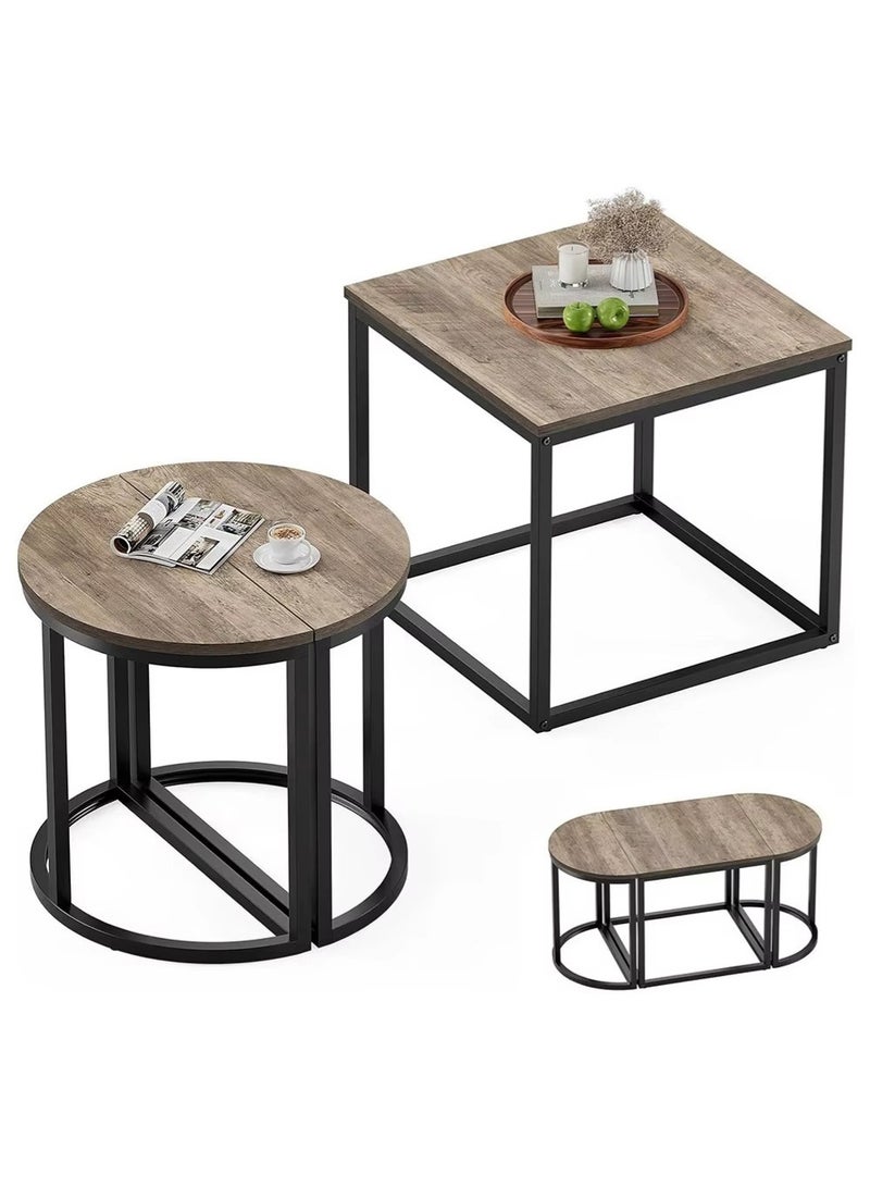 إيه جي دي طقم طاولات قهوة بيضاوية من 3 قطع، طاولة مركزية عصرية مع طاولتين جانبيتين، إطار معدني، لون رمادي لغرفة المعيشة - Image 1