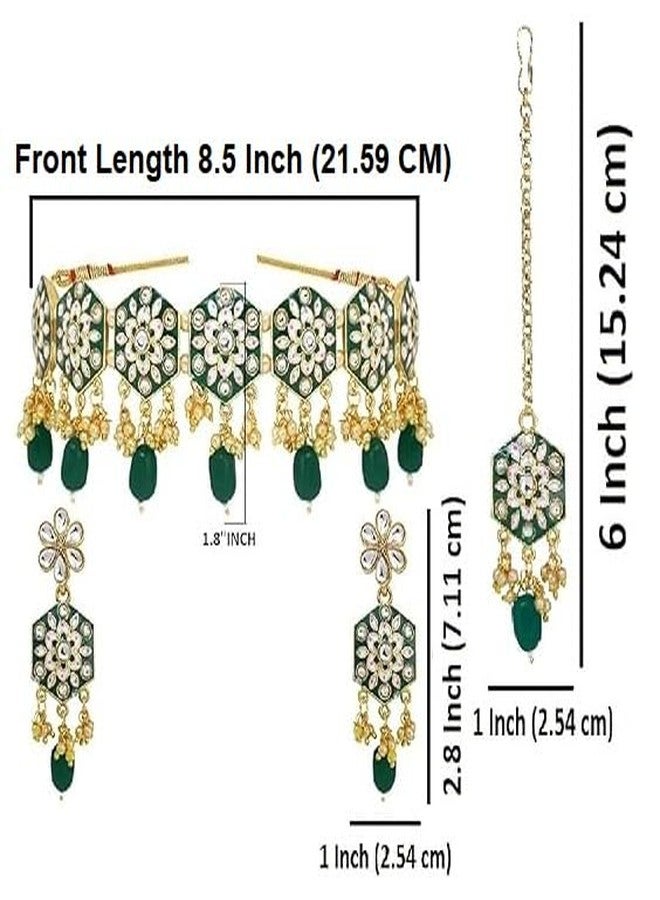Efulgenz Meenakari Choker Set Indian Jewelry Kundan Faux Pearl Choker Necklace Earrings Maang Tikka Wedding Bollywood Bridal Jewelry Set for Women - Image 5