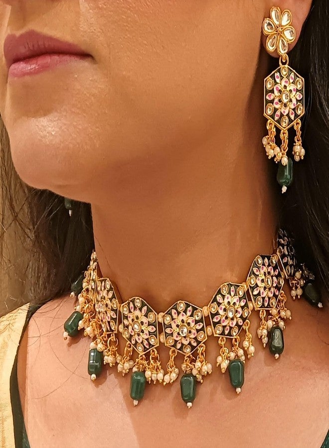 Efulgenz Meenakari Choker Set Indian Jewelry Kundan Faux Pearl Choker Necklace Earrings Maang Tikka Wedding Bollywood Bridal Jewelry Set for Women - Image 3