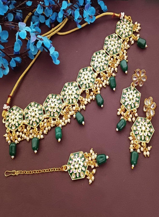 Efulgenz Meenakari Choker Set Indian Jewelry Kundan Faux Pearl Choker Necklace Earrings Maang Tikka Wedding Bollywood Bridal Jewelry Set for Women - Image 2