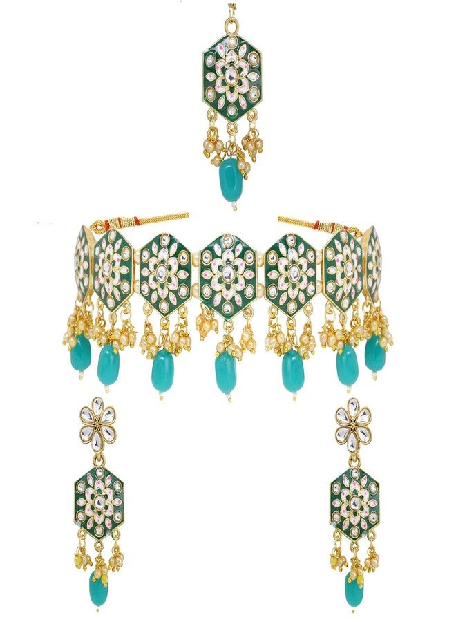 Efulgenz Meenakari Choker Set Indian Jewelry Kundan Faux Pearl Choker Necklace Earrings Maang Tikka Wedding Bollywood Bridal Jewelry Set for Women - Image 1