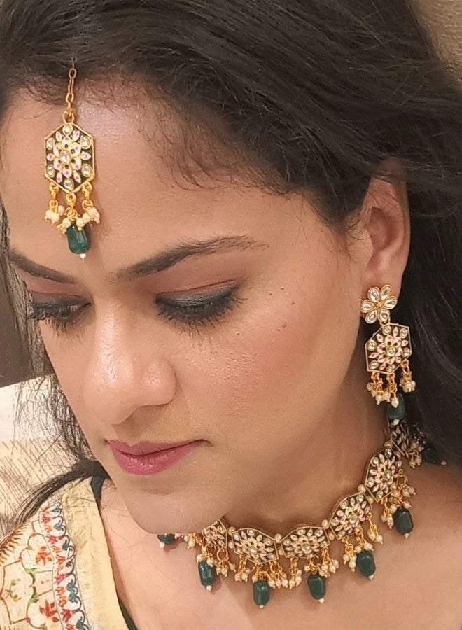 Efulgenz Meenakari Choker Set Indian Jewelry Kundan Faux Pearl Choker Necklace Earrings Maang Tikka Wedding Bollywood Bridal Jewelry Set for Women - Image 4