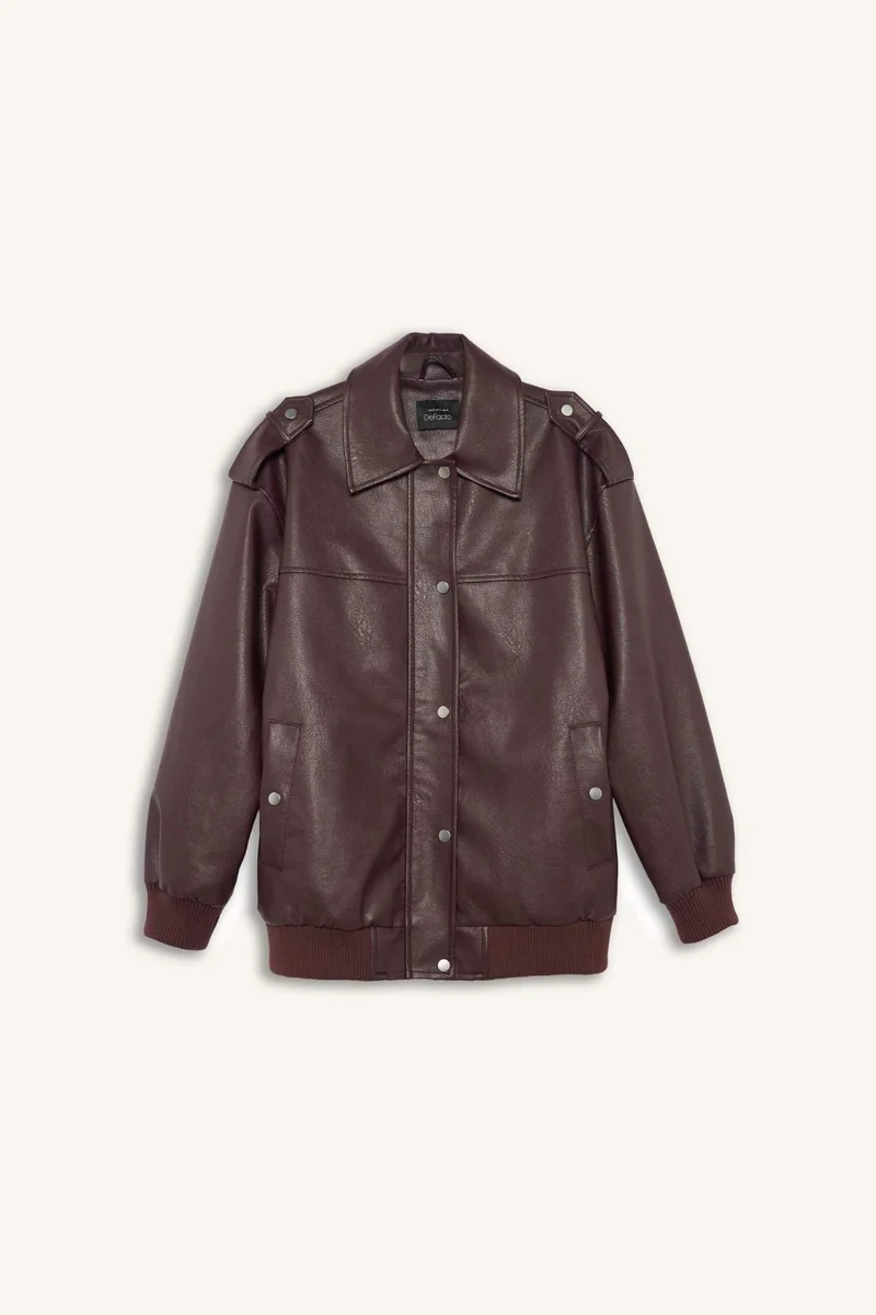 ديفاكتو Dad Fit Zippered Polo Collar Faux Leather Jacket