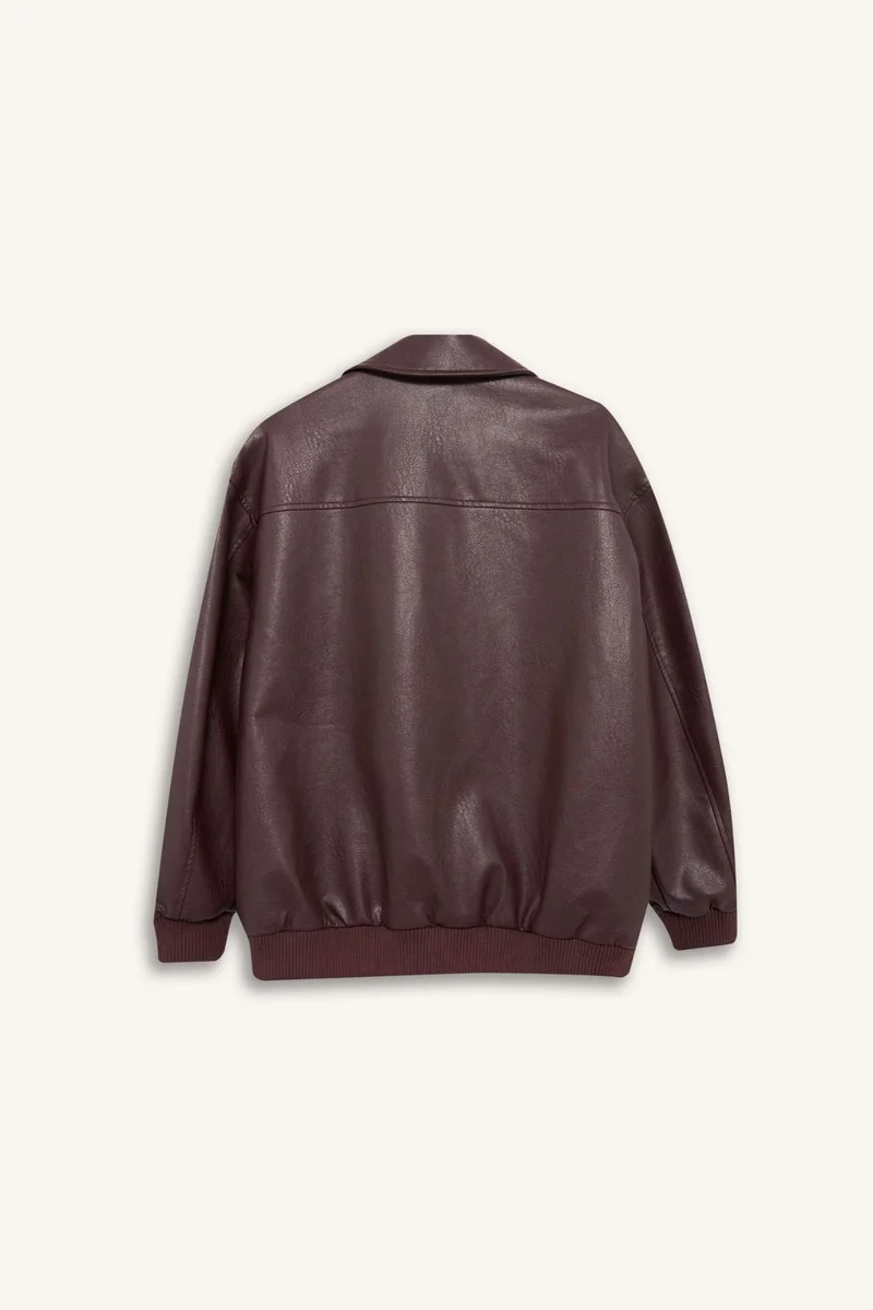 Defacto  Dad Fit Zippered Polo Collar Faux Leather Jacket  | Best Price UAE