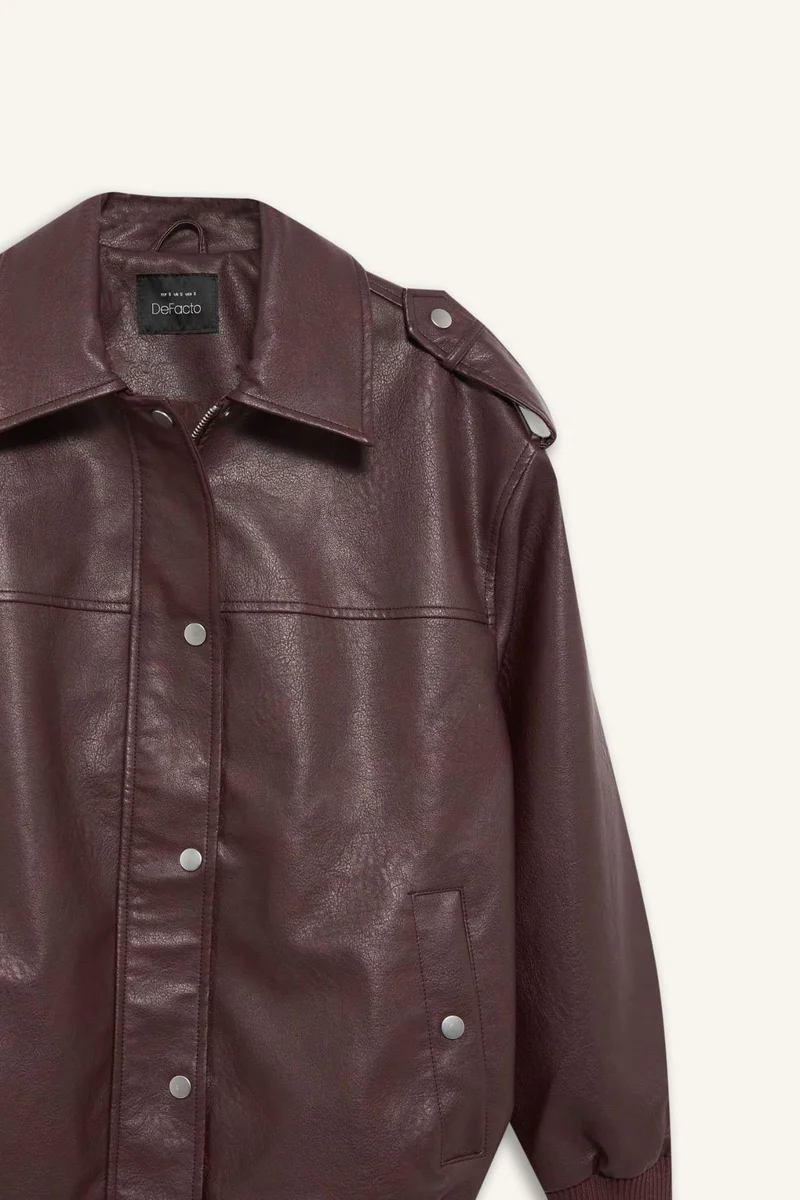 Defacto  Dad Fit Zippered Polo Collar Faux Leather Jacket  | Best Price UAE