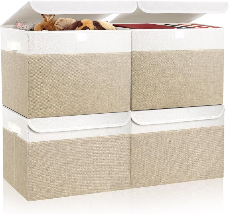 Bagnizer Large 22 Quart Linen Fabric Foldable Storage Bin Cube Organizer Basket with Flip-Top Lid & Handles, Clothes Blanket Box for Home, Office, Closet, Beige & White, 4 Pack 14.6 x 9.5 x 9.5â€ - Image 1