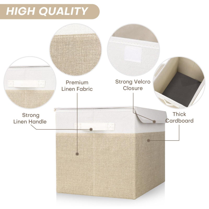 Bagnizer Large 22 Quart Linen Fabric Foldable Storage Bin Cube Organizer Basket with Flip-Top Lid & Handles, Clothes Blanket Box for Home, Office, Closet, Beige & White, 4 Pack 14.6 x 9.5 x 9.5â€ - Image 5