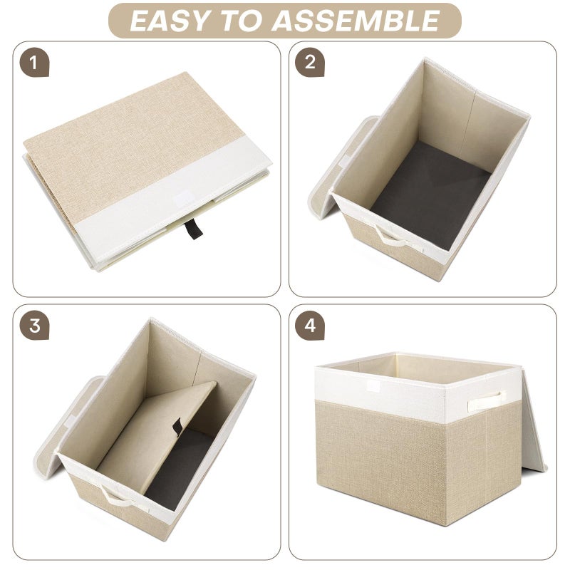 Bagnizer Large 22 Quart Linen Fabric Foldable Storage Bin Cube Organizer Basket with Flip-Top Lid & Handles, Clothes Blanket Box for Home, Office, Closet, Beige & White, 4 Pack 14.6 x 9.5 x 9.5â€ - Image 3
