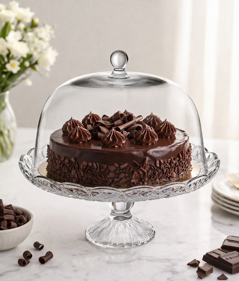 TALIONA Glass Cake Stand with Dome Lid 31cm – Elegant Transparent Cake Display Stand with Cover, Pedestal Dessert Server for Cakes, Cupcakes, Pastries, Ramadan & Party Decoration - Image 1