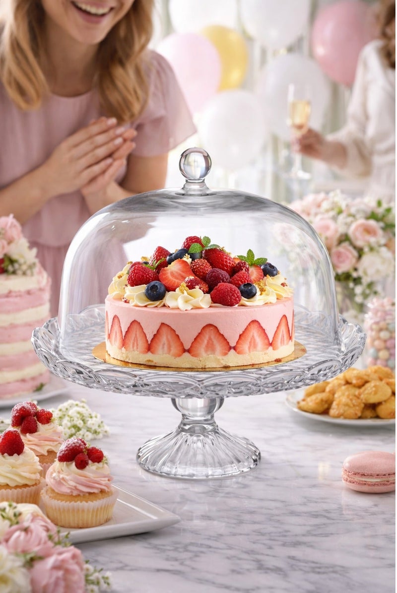 TALIONA Glass Cake Stand with Dome Lid 31cm – Elegant Transparent Cake Display Stand with Cover, Pedestal Dessert Server for Cakes, Cupcakes, Pastries, Ramadan & Party Decoration - Image 2