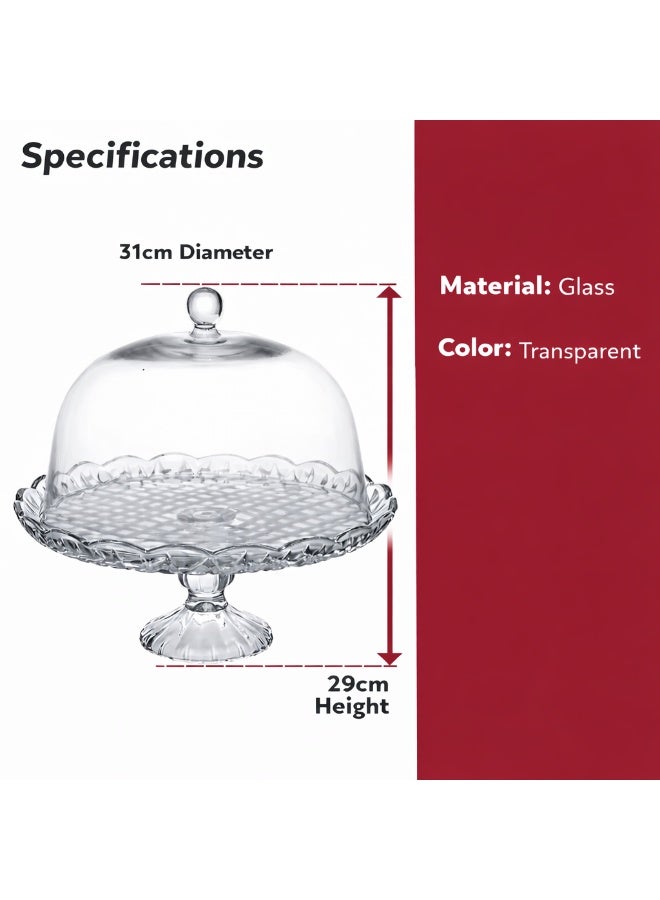 TALIONA Glass Cake Stand with Dome Lid 31cm – Elegant Transparent Cake Display Stand with Cover, Pedestal Dessert Server for Cakes, Cupcakes, Pastries, Ramadan & Party Decoration - Image 3