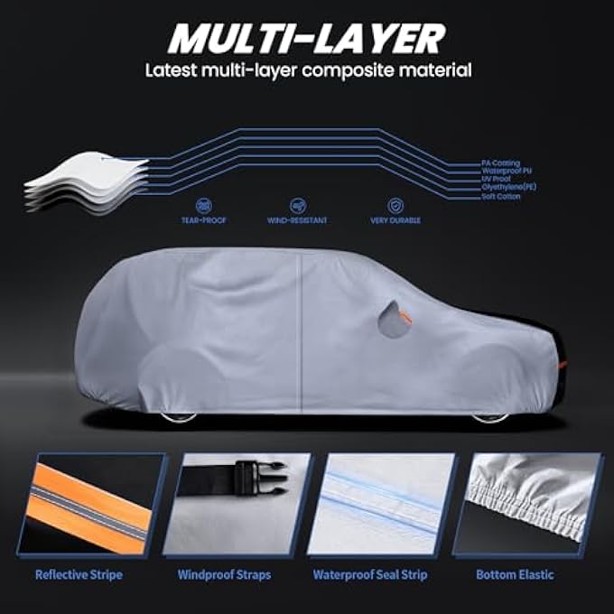 rayihni غطاء سيارة SUV مقاوم للماء لجميع الأحوال الجوية. راجع جدول حجم السيارة للحصول على ملاءمة دقيقة. أغطية خارجية كاملة لسيارات BMW X5، تويوتا هايلاندر، مرسيدس GLE وغيرها. الحجم S3 - Image 3