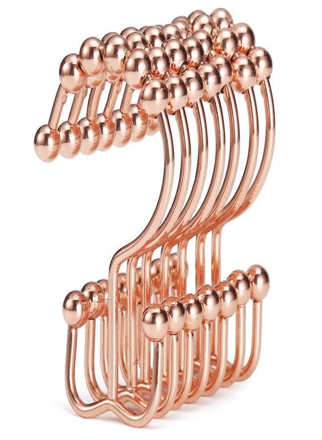 Goowin Shower Curtain Hooks, Goowin Shower Curtain Rings, Stainless Steel Shower Curtain Hooks Rust Proof Free Sliding Double Shower Hooks for Curtain, Shower Curtains & Liners (Rose Gold) - Image 1