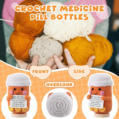 Arrowbash Nurse Gifts Pharmacist Pharmacy Crochet Pill Bottle Syringe Bandage Doll Nursing Appreciation Gift Thank You Inspirational Card for Women CRNA CNA RN LPN Decor(Medicine Pill Bottle,Orange) - Image 4