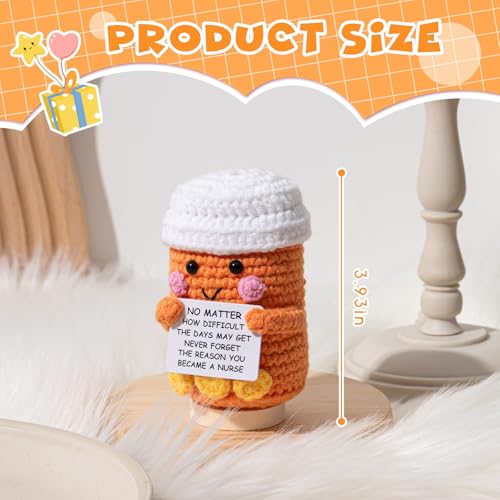 Arrowbash Nurse Gifts Pharmacist Pharmacy Crochet Pill Bottle Syringe Bandage Doll Nursing Appreciation Gift Thank You Inspirational Card for Women CRNA CNA RN LPN Decor(Medicine Pill Bottle,Orange) - Image 2