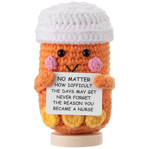 Arrowbash Nurse Gifts Pharmacist Pharmacy Crochet Pill Bottle Syringe Bandage Doll Nursing Appreciation Gift Thank You Inspirational Card for Women CRNA CNA RN LPN Decor(Medicine Pill Bottle,Orange) - Image 1