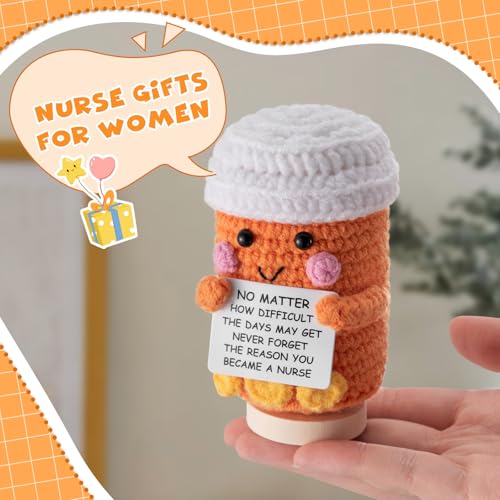 Arrowbash Nurse Gifts Pharmacist Pharmacy Crochet Pill Bottle Syringe Bandage Doll Nursing Appreciation Gift Thank You Inspirational Card for Women CRNA CNA RN LPN Decor(Medicine Pill Bottle,Orange) - Image 3