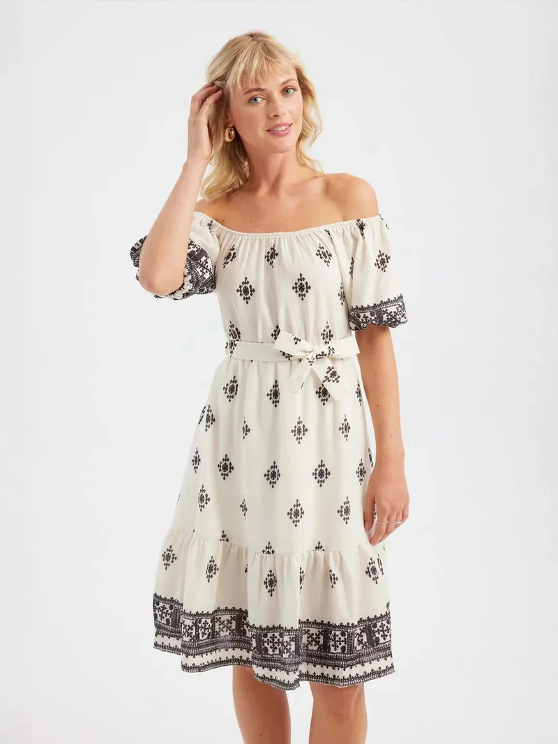 HICCUP Printed Off Shoulder Midi Dress