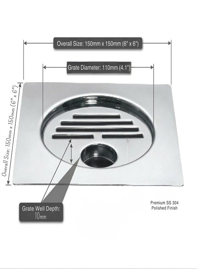 InBāth Floor Drainer/Grating Flat Cut Square| Stainless Steel 304 Grade with Hole| 6 x 6 inches (OPLS-066 H) - Image 3