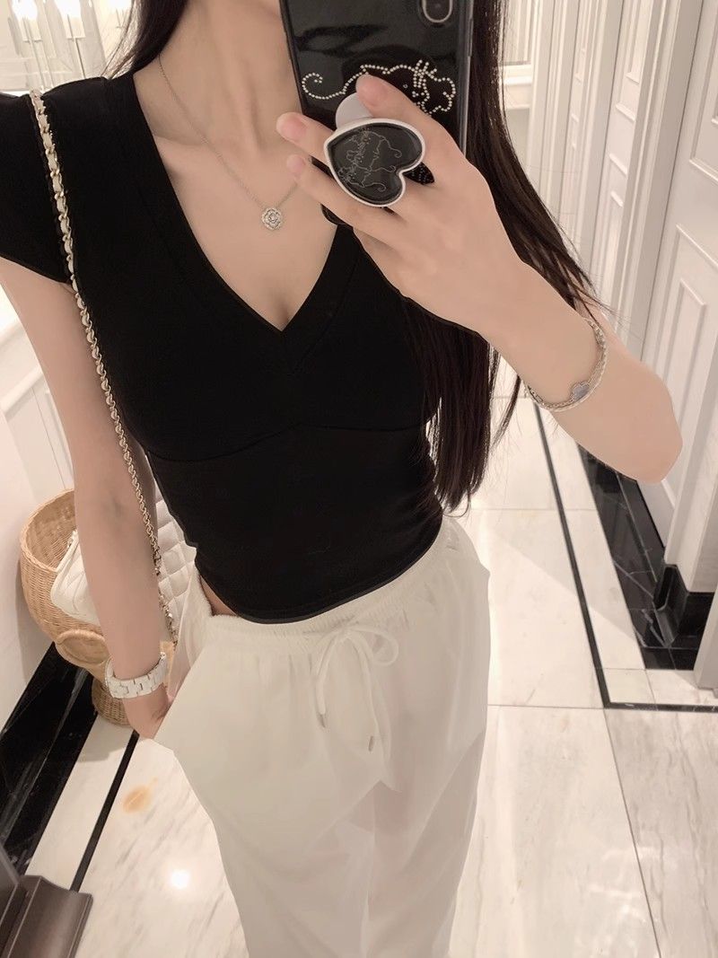 [Modal Rayon 260G] Red V-Neck Short-Sleeved T-Shirt For Women Summer Pure Desire Slim Fit Inner Short Style Right Shoulder - Image 5