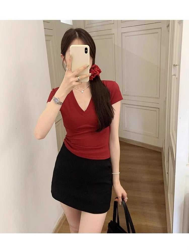 [Modal Rayon 260G] Red V-Neck Short-Sleeved T-Shirt For Women Summer Pure Desire Slim Fit Inner Short Style Right Shoulder - Image 4