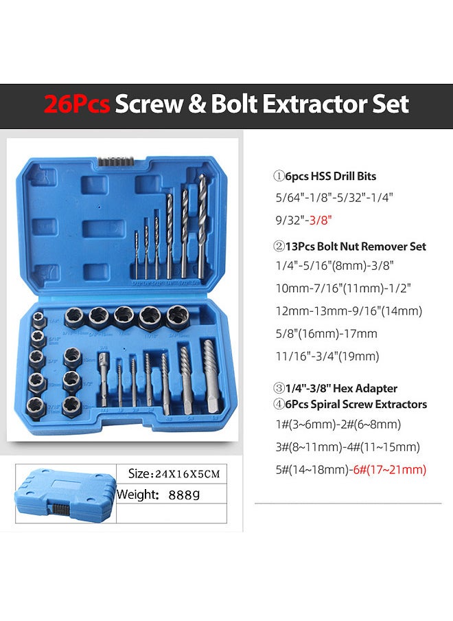 26-Piece Bolt Extractor Set Spiral Screw Extractor Set and Drill Bits Extraction Socket Set for Removing Damaged Rusted Rounded Bolts Nuts and Screws