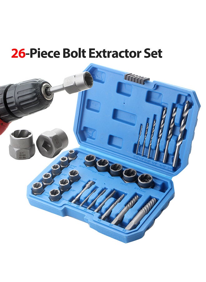 26-Piece Bolt Extractor Set Spiral Screw Extractor Set and Drill Bits Extraction Socket Set for Removing Damaged Rusted Rounded Bolts Nuts and Screws