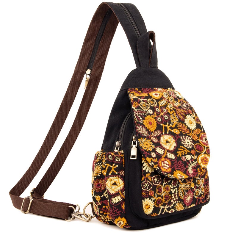 SILKAREA Canvas Sling Backpack for Women Embroidered Travel Chest Bag Multi-purpose Backpack Purse Shoulder Bag (Embroidered Y) - Image 1