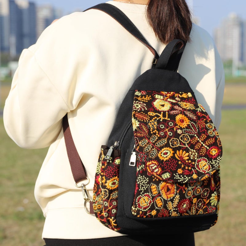 SILKAREA Canvas Sling Backpack for Women Embroidered Travel Chest Bag Multi-purpose Backpack Purse Shoulder Bag (Embroidered Y) - Image 2