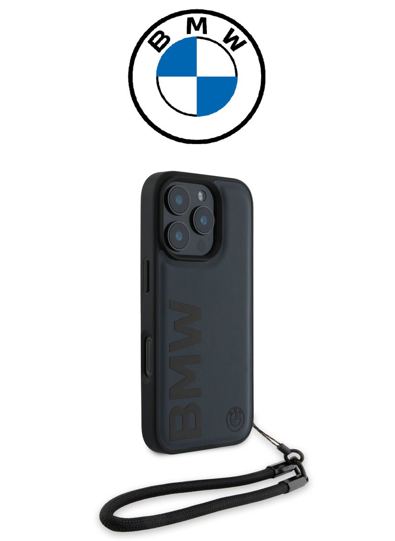 CG MOBILE Back cover for iPhone 16 Pro, with a hand strap, made of genuine leather and approved by the global brand (BMW) in Navy blue  - Image 3