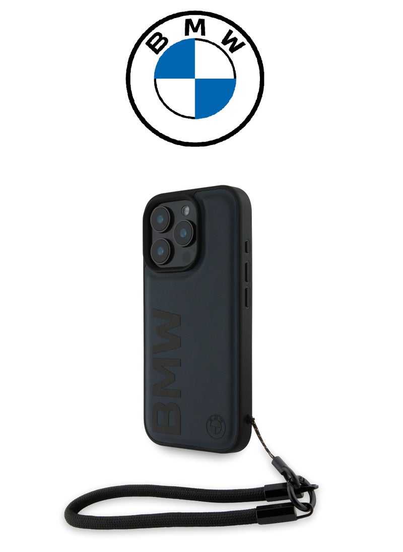 CG MOBILE Back cover for iPhone 16 Pro, with a hand strap, made of genuine leather and approved by the global brand (BMW) in Navy blue  - Image 2