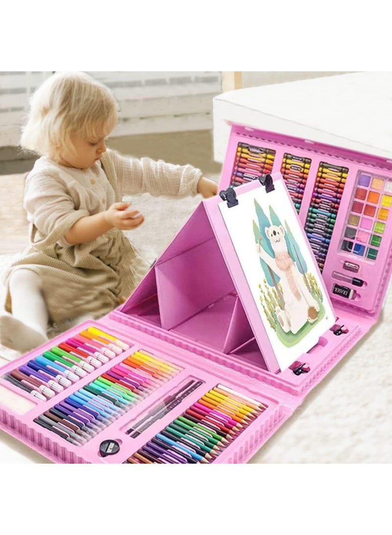 208-Piece Drawing Art Kit, Blue, Art Supplies Set with Double Sided Trifold Easel, Includes Oil Pastels, Crayons, Colored Pencils, Watercolor Cakes-Pink - Image 1
