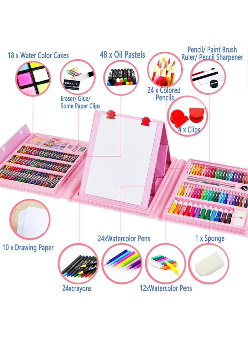 208-Piece Drawing Art Kit, Blue, Art Supplies Set with Double Sided Trifold Easel, Includes Oil Pastels, Crayons, Colored Pencils, Watercolor Cakes-Pink - Image 2