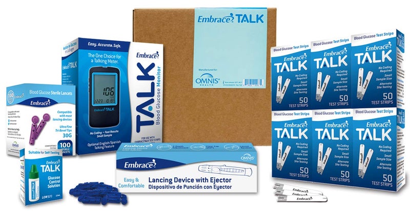 Embrace Diabetes Testing Kit Includes Embrace Talk Blood Glucose Meter 300 Blood Test Strips 1 Control Solution 1 Lancing Device 300 30g Lancets and Carrying Case