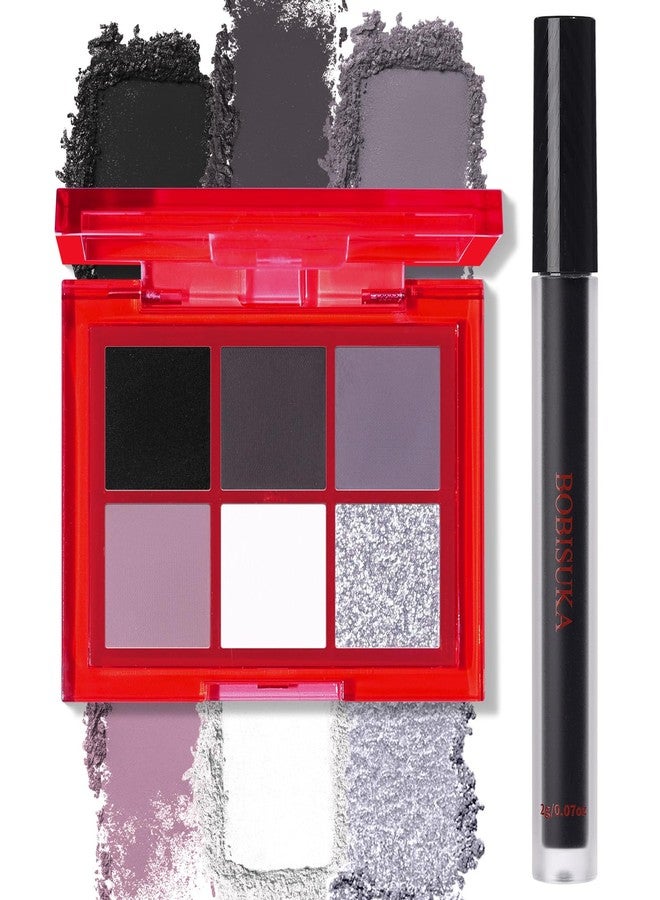 BOBISUKA Eyeshadow + Lipstick Makeup Kit, 6 Colors Dark Black White Silver Gray Shimmer Matte Metallic Smokey Eye Shadow Pallet with Black Matte Liquid Lipstick Makeup Set for Halloween - Image 1
