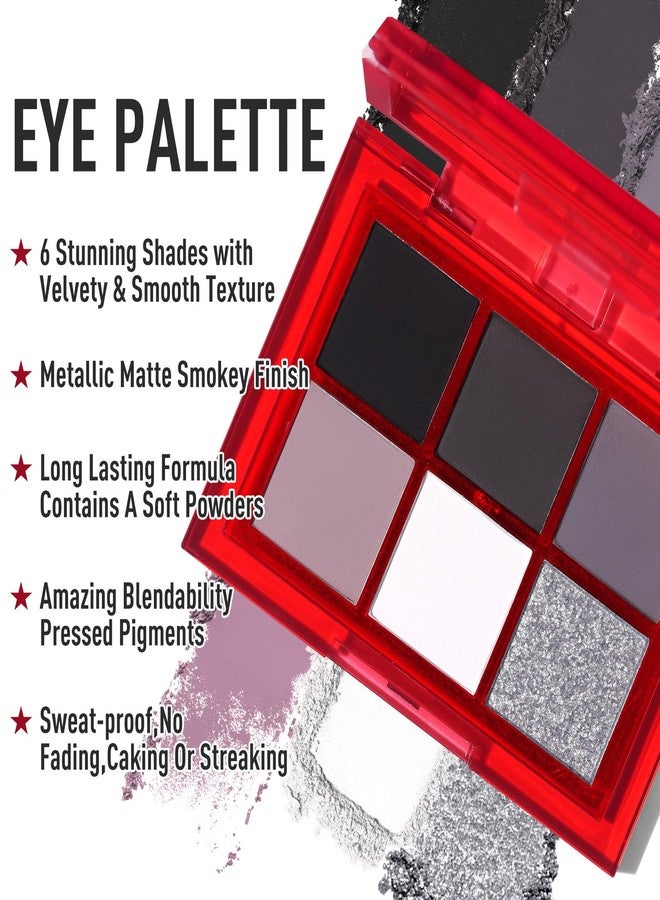 BOBISUKA Eyeshadow + Lipstick Makeup Kit, 6 Colors Dark Black White Silver Gray Shimmer Matte Metallic Smokey Eye Shadow Pallet with Black Matte Liquid Lipstick Makeup Set for Halloween - Image 2