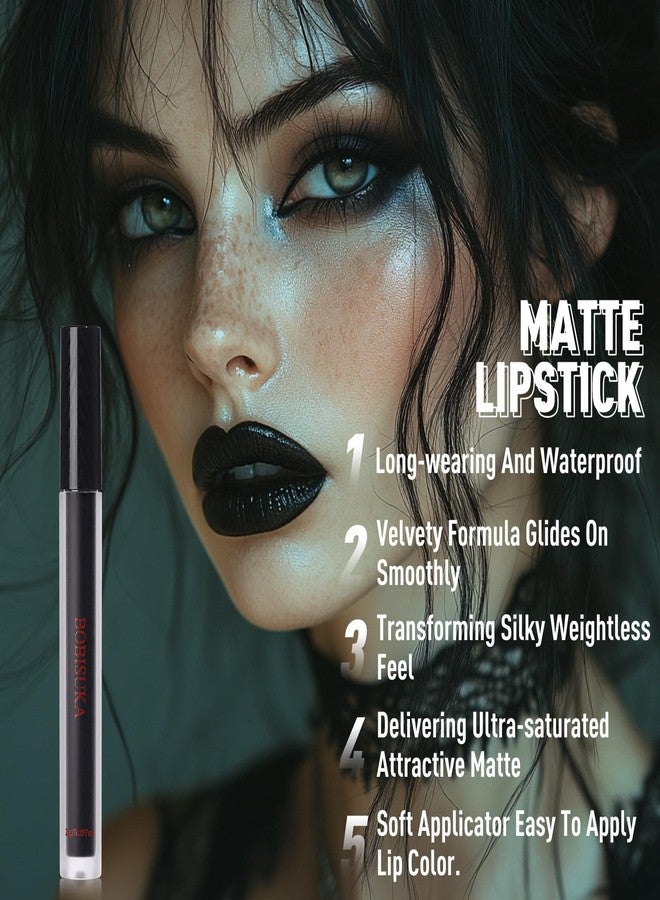 BOBISUKA Eyeshadow + Lipstick Makeup Kit, 6 Colors Dark Black White Silver Gray Shimmer Matte Metallic Smokey Eye Shadow Pallet with Black Matte Liquid Lipstick Makeup Set for Halloween - Image 3