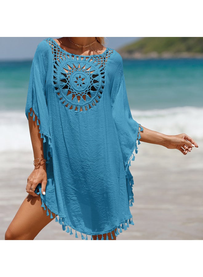 إسكدنيا بلوزة شاطئ مجوفة بشراشيب ملابس سباحة بي أوروبية وأمريكية للشاطئ قميص واقي من الشمس للنساء - اللون: أزرق - - Image 1