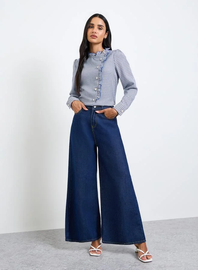 Take Two Blue Gingham Ruffled Long Sleeve Blouse