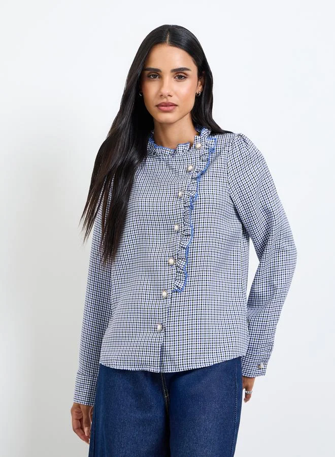 Take Two Blue Gingham Ruffled Long Sleeve Blouse