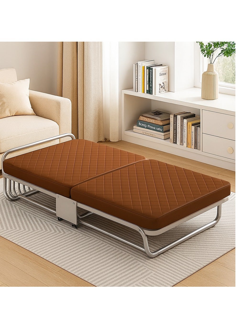 Harmony Home Folding Bed with Mattress – Space-Saving 6-Position Adjustable Rollaway Bed with Sponge Cushion, Cloth Cover, Plywood Base, Iron Frame & Lockable Wheels – Perfect for Home or Travel – Brown