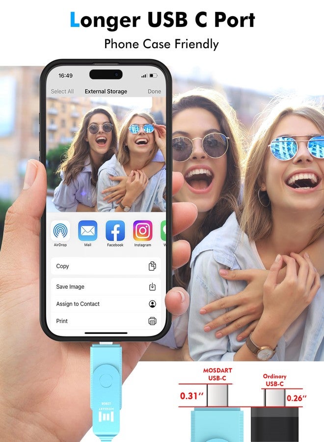 MOSDART 128GB USB3.1 Fast Speed C and A Dual Flash Drive, exFAT Memory Stick with Keychain and LED Indicator, for iPhone 15 and 16, Android Phone, iPad, MacBook, and Other Laptops, Sky Blue - Image 4