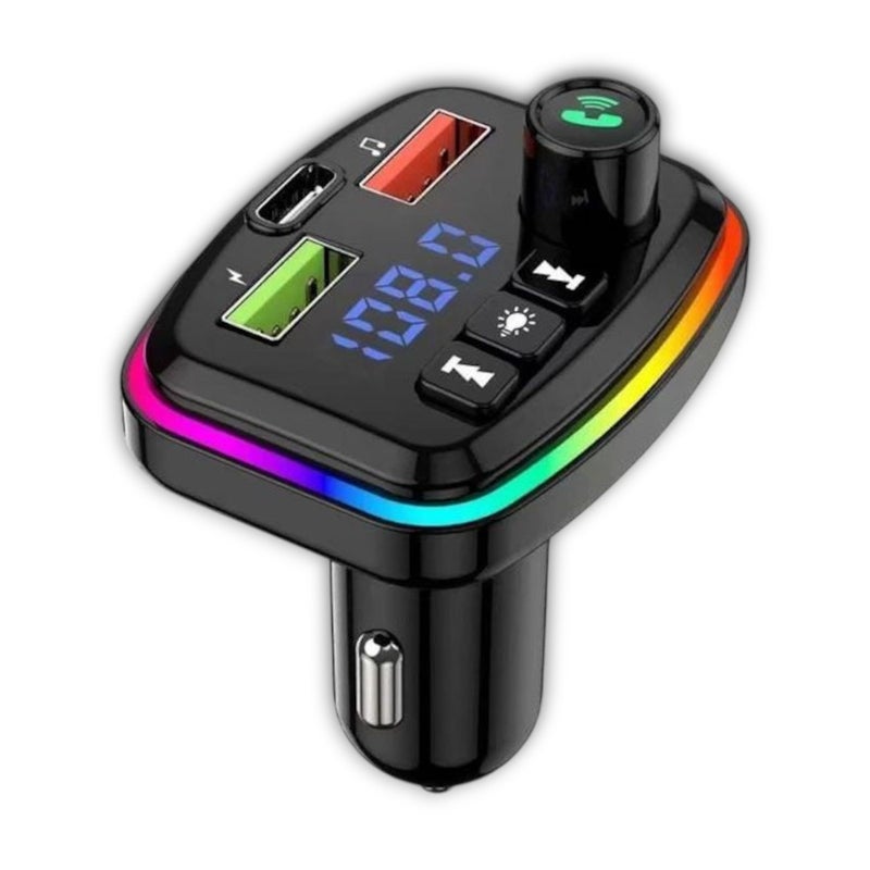 18W Bluetooth FM Transmitter, Bluetooth MP3 Player Wireless Radio Adapter Kit FM Transmitter Car Charger, Hands-Free Calling, 2 USB Port+Type-C, charger support micro sd card/Key Card (JR02)