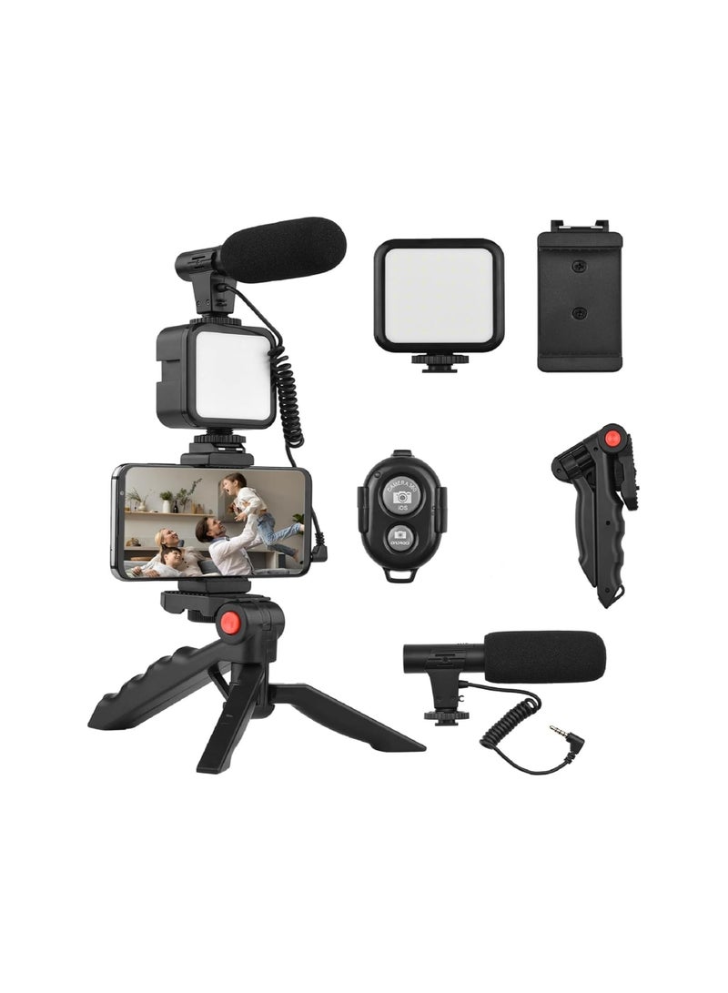 Vlogging Kit for Smartphones – Tripod, Mini LED Light, Cardioid Microphone & Phone Holder – Ideal for Video Recording, Live Streaming & Video Calls 